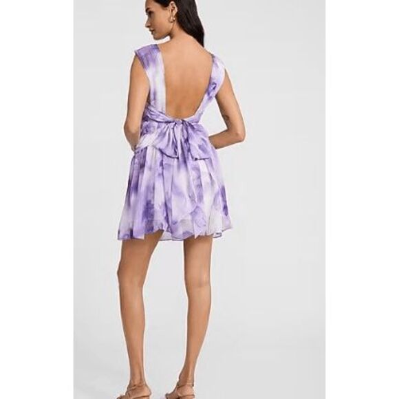Express Womens Sz M Purple Print V-Neck Sleeveless Bow Back Mini Fit Flare Dress - Picture 3 of 10